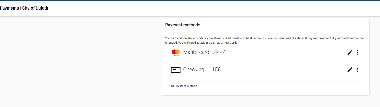 Viewing the saved payment methods in the Utility Access Portal
